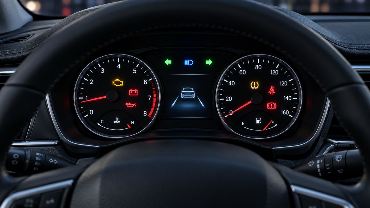 Instrument tabla automobila sa upaljenim lampicama upozorenja i indikatorima, prikazana iz ugla vozača iza volana
